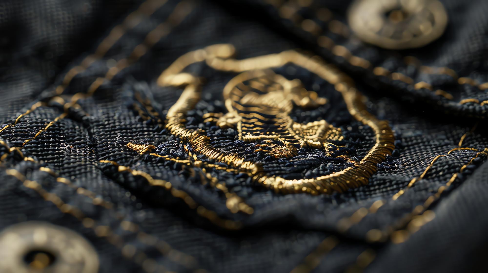 Gold thread crest on navy linen