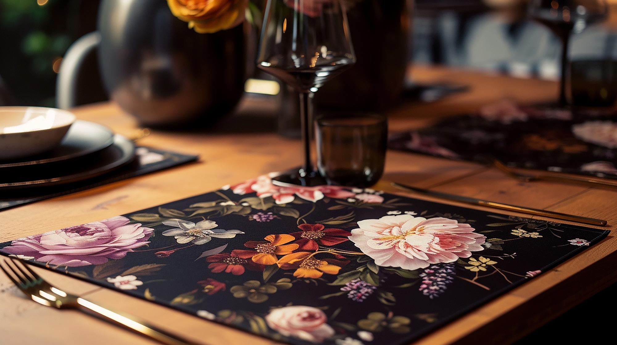 Selection of embroidered samples staged on dark table